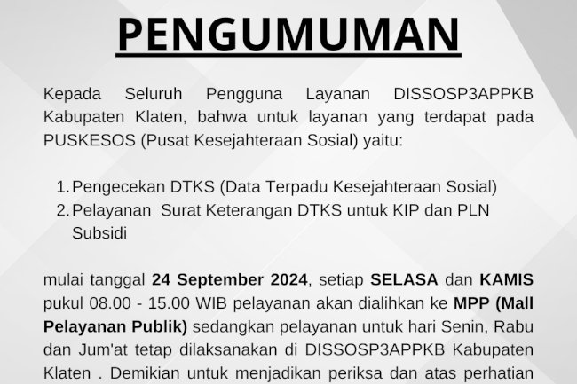Pengumuman Perubahan Jadwal Pelayanan DISSOSP3APPKB