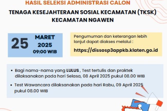 PENGUMUMAN HASIL SELEKSI ADMINISTRASI CALON TKSK KECAMATAN NGAWEN
