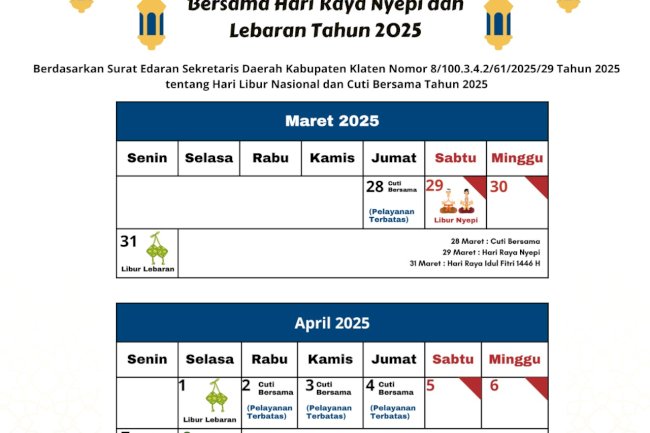 PENGUMUMAN HARI LIBUR DAN CUTI BERSAMA HARI SUCI NYEPI DAN  HARI RAYA IDUL FITRI 1446 H