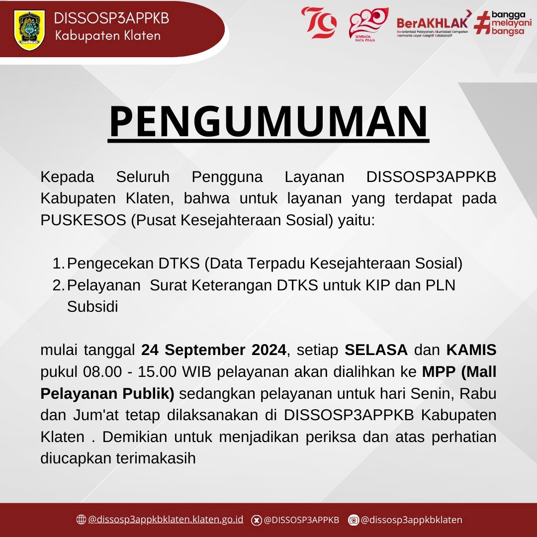 Pengumuman Perubahan Jadwal Pelayanan DISSOSP3APPKB