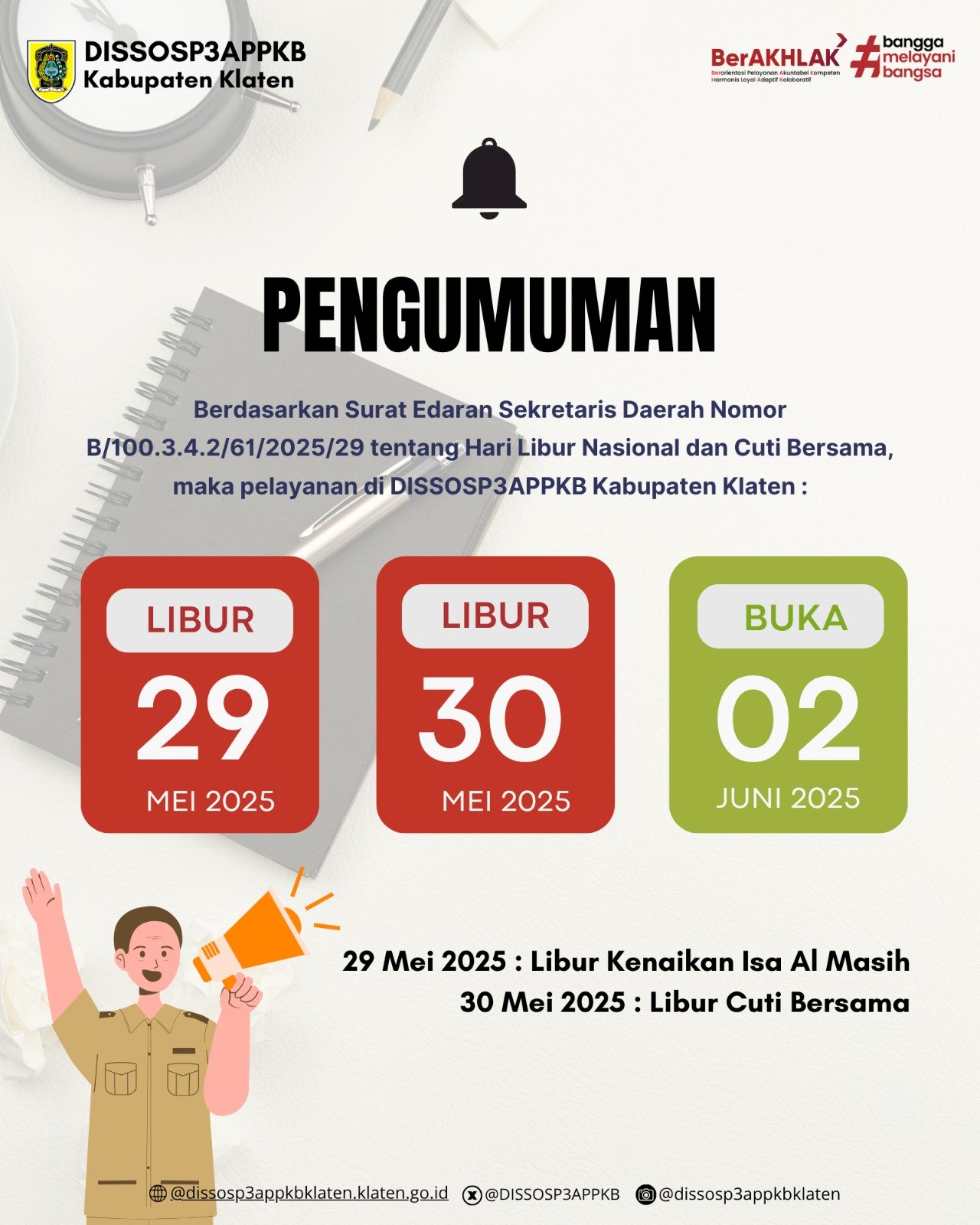 PENGUMUMAN LIBUR DAN CUTI BERSAMA KENAIKAN ISA ALMASIH